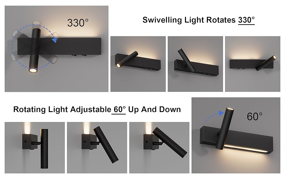 Description Picture 3 of item2 Pieces LED Wall Light Indoor, 3W+3W Wall Light 2 Flames, 3000K Wall Lamp with 2 Switches, Round Wall Spotlight Rotatable Black