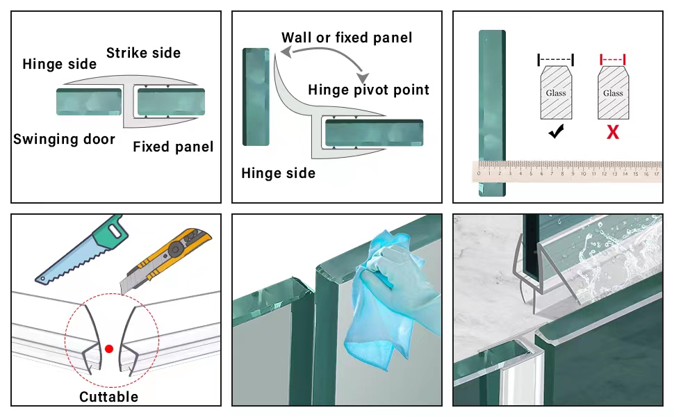 Frameless Shower Door Side Sealing Strip and Bottom Seal, 3 PCS 3/8" Thick 78 Inch Length ABS