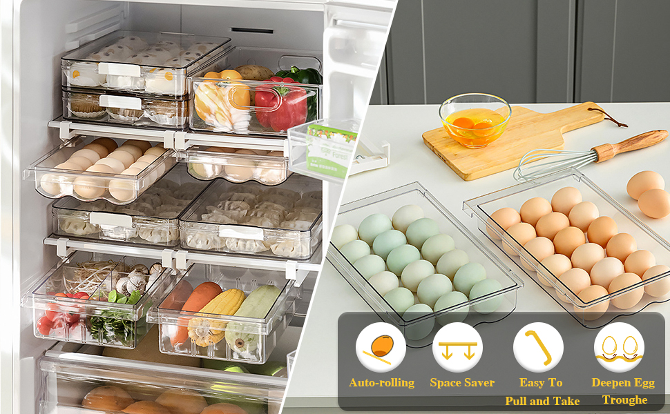 MEIJIA Egg Holder for Fridge with Handle, Automatic Rolling