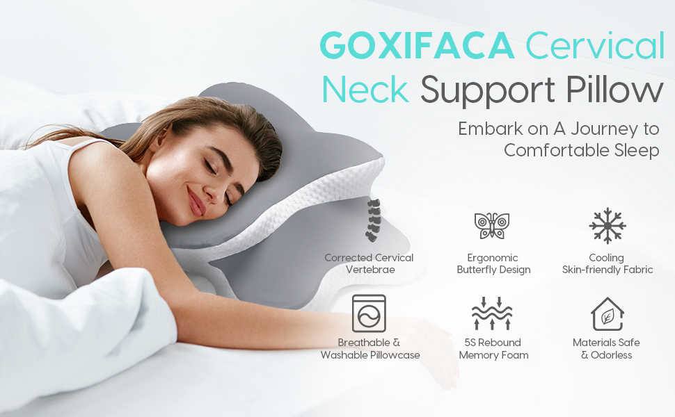 GOXIFACA Memory Foam Pillow, Cervical Pillow for Neck and Shoulder, Orthopedic Pillow, Ergonomic Neck Support Pillow for Side Back Stomach Sleepers with Removable Pillowcase, Grey 9 banner