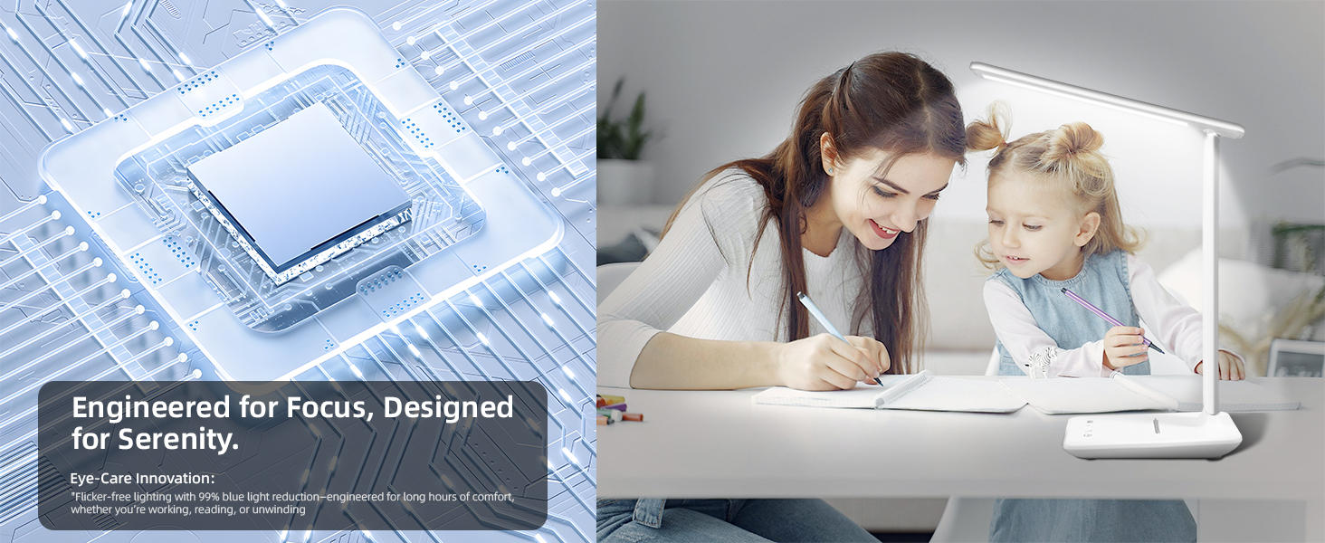 : La gauche montre une puce électronique teintée de bleu. La droite représente une femme et un enfant utilisant une élégante lampe de bureau blanche tout en écrivant ou en dessinant ensemble.