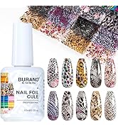 BURANO Nail Art Nail Foil Glue Gel, o.5 oz with 10PCS Foil Stickers Set Nail Foil Glue for Nails ...