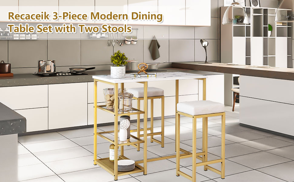Recaceik 3Piece Modern Bar Table Set, Pub Table Dining Table Set with Open Storage