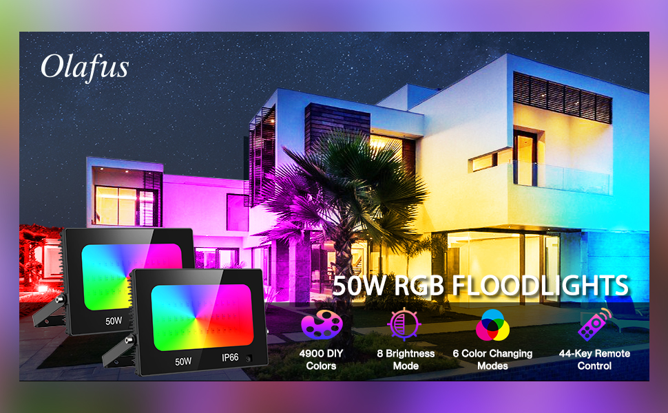 Olafus RGB Flood Light 50W, 4900 DIY Colors 500W Equivalent Uplighting