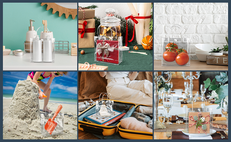 Reusable Transparent PVC Plastic Gift Wrap Tote Bags with Handle for Boutique Wedding Party