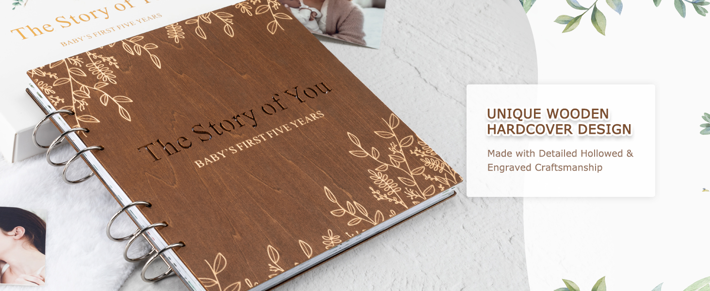 Wooden Keepsake Baby Memory Book Boys & Girls, First 5