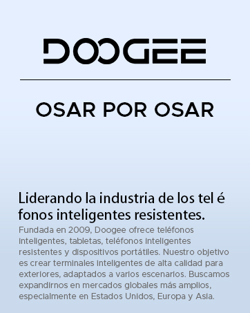 'DOOGEE' en texto negro grande. A continuación, el texto en español describe a la empresa como líder en teléfonos inteligentes robustos, fundada en 2009 y centrada en dispositivos inteligentes para uso en exteriores