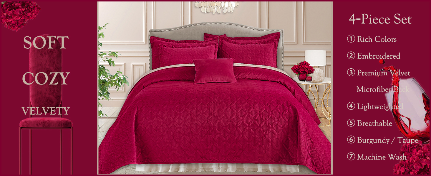 Querencia 4 Pieces Red Velvet Comforter Set Queen Quilt