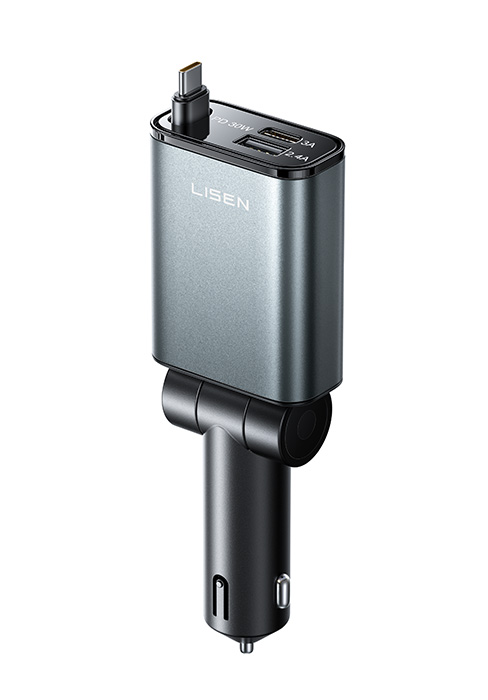 Lisen car charger with dual USB-C ports and rotatable plug. Gray metallic body, digital display shows voltage and amperage. Compact design for vehicle use.