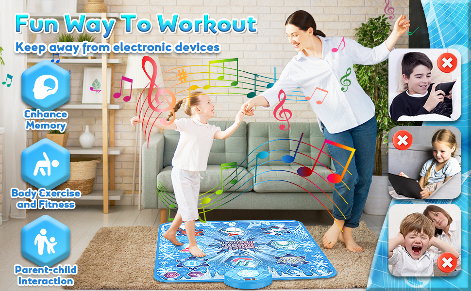 Interactive dance mat showing musical notes graphics and features including 'Balance Memory,' 'Body Exercise,' and 'Parent-Child Interaction' with blue interface icons.