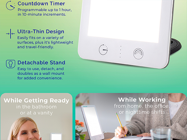 uv-free, light therapy lamp, full spectrum, brightness settings, countdown timer, slim, thin, bright