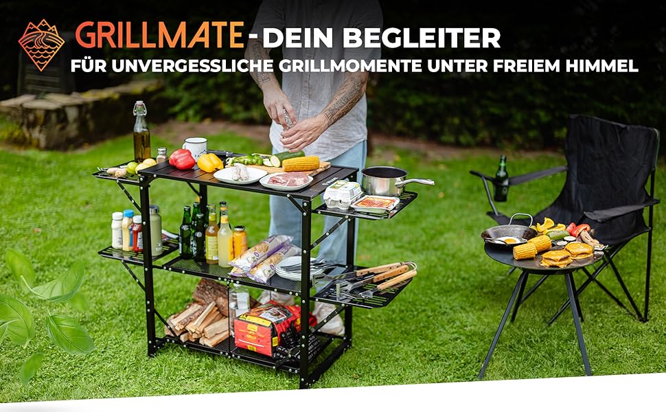Portable outdoor grilling station 'Grillmate' with multiple black mesh shelves for food and condiment storage, set up on grass next to camping chair.