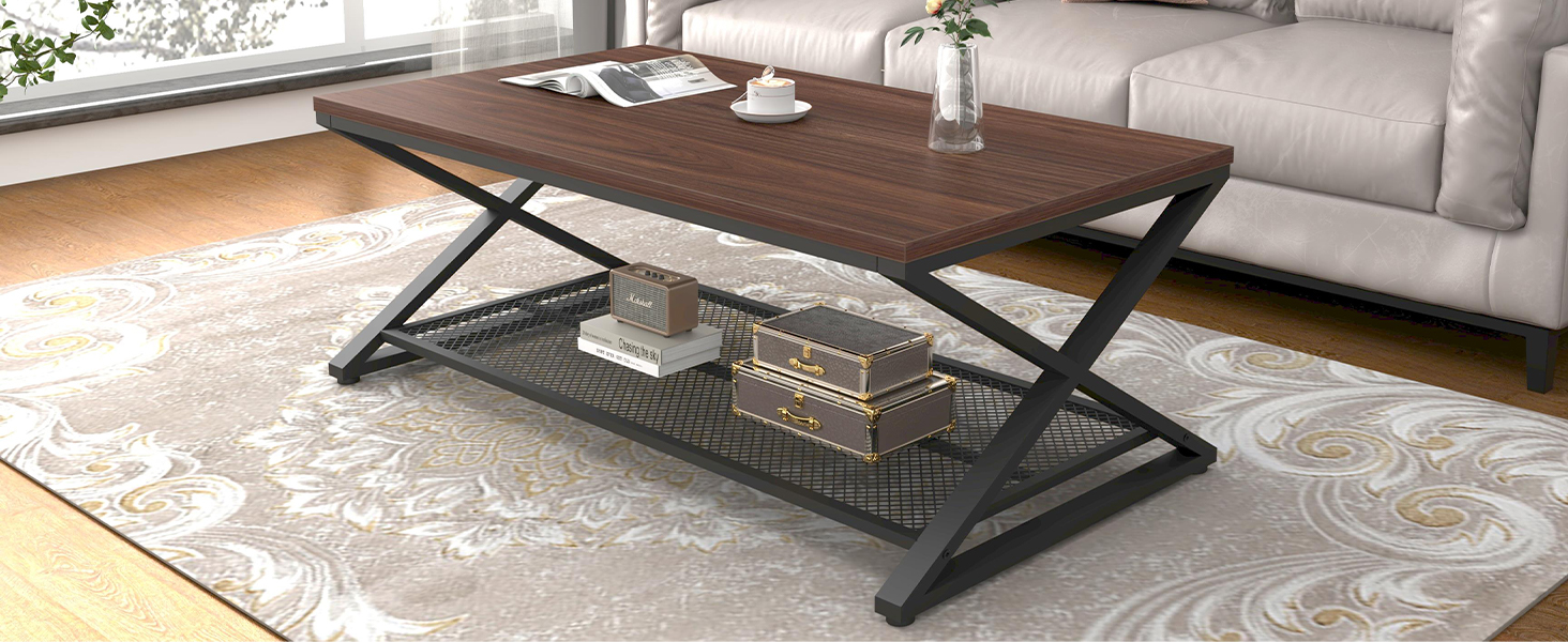 LVB Walnut Coffee Table with Storage, Metal Wood Rectangle
