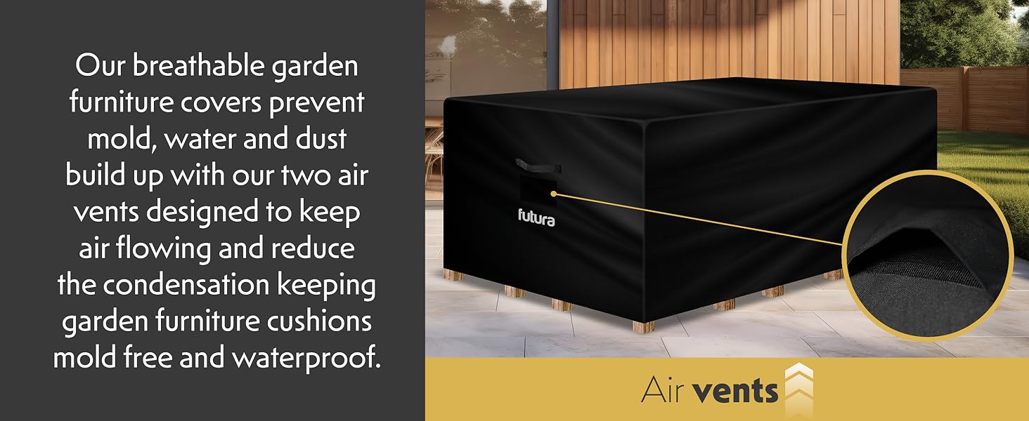 Black outdoor furniture cover with air vents, designed to prevent mold, water, and dust buildup. Shown covering a large rectangular object in a backyard setting.