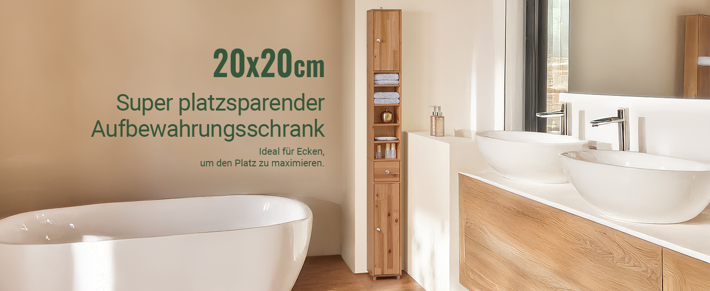 Moderner Badezimmerschrank mit Holzoberfläche, abgebildet im Badezimmerambiente mit freistehender Badewanne und Spülbecken. Der Text gibt die Maße 20 x 20 cm an