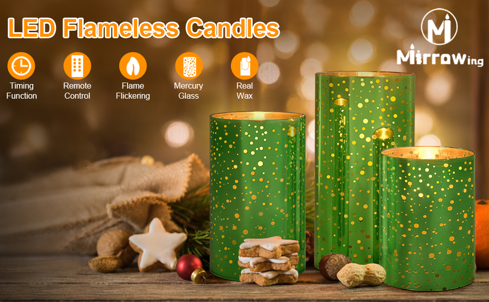 M Mirrowing LED Candles, Glass Green Flameless Candles with Remote