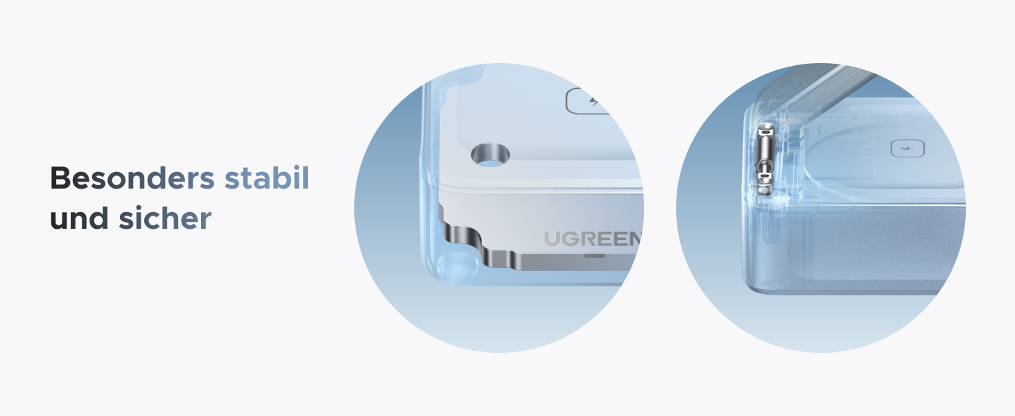 Der Text lautet „Besonders stabil und sicher“. Reihe von Produktdemonstrationsbildern, die blau getönte Bauteile technischer oder medizinischer Geräte zeigen.