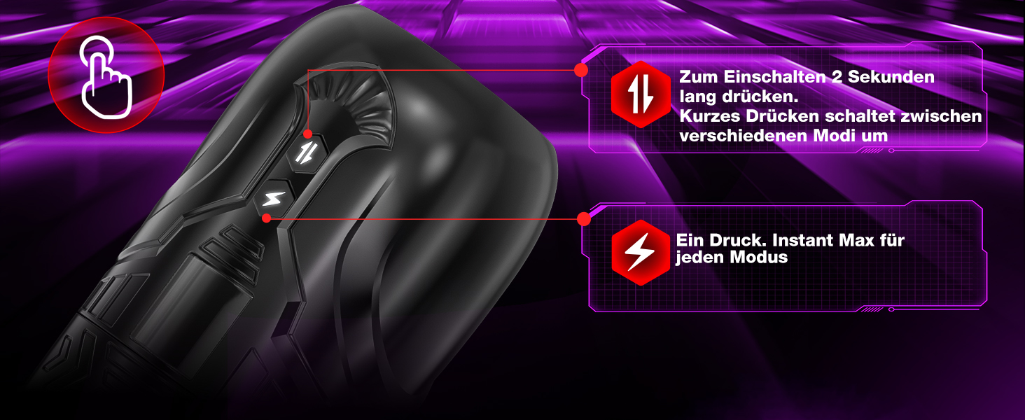 Interface-Design im Gaming-Design mit neonviolettem Hintergrund, auf dem die Funktionen der Smartphone-Hülle, einschließlich Schutzelementen und technischen Daten, zu sehen sind.