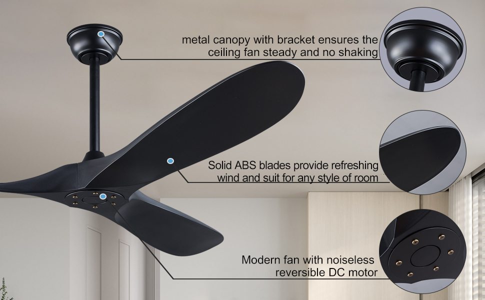 OMYU 60'' Black Ceiling Fan no Lights with Remote Control