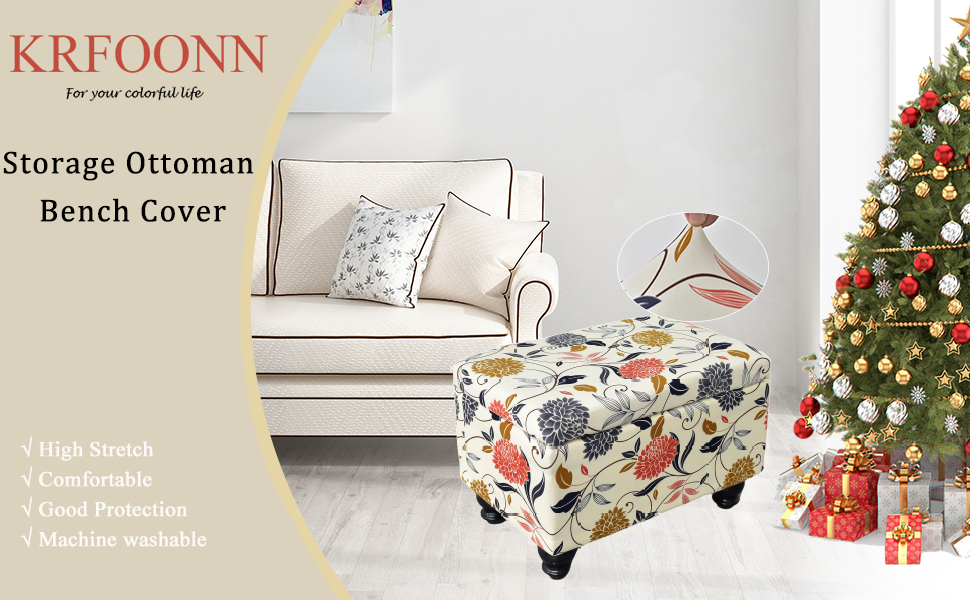 KRFOONN Rectangle Ottoman Covers Stretch Storage Ottoman Slipcovers Printed Folding