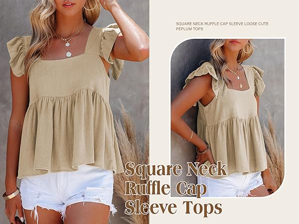 トップス acka peplum loose sweat Peplum Linen Tank Tops for Women Summer Ruffle Square Neck