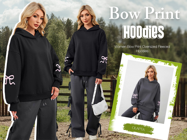Amazon.com: OLAPTA Women Oversized Bow Trim Print Hoodies