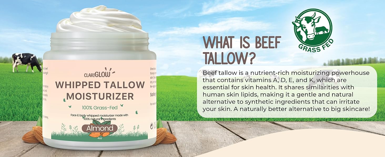 beef tallow moisturizer face body skin whipped grass fed grassfed organic pure honey almond balm