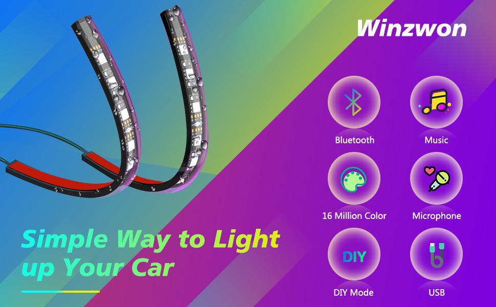Winzwon Car LED Interior Lighting, 4 Pieces 48 LED Car Strip Interior