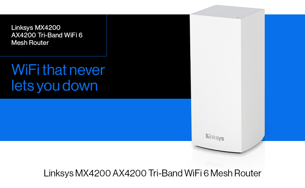 Linksys Whole Home Mesh WiFi Node product image on a blue and black background. 