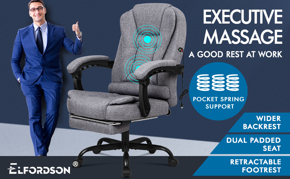 ELFORDSON Massage Office Chair With Footrest Executive Gaming Seat Breathable Fabric Upholstery, Grey 10 DP01