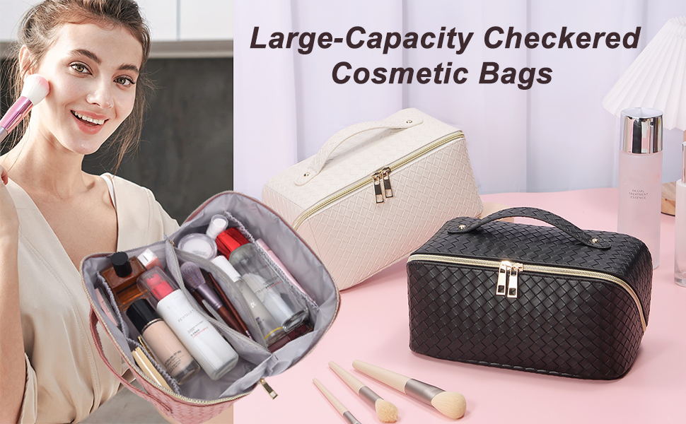 Large Capacity Travel Cosmetic Bag, New PU Leather Plaid Portable