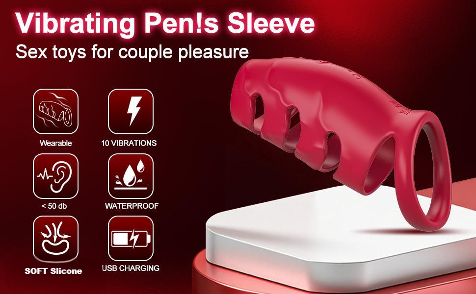 Vibrationshülse aus rosafarbenem Silikon mit Fingerlöchern. Zu den Produktmerkmalen gehören 10 Vibrationsmodi, wasserdichtes Design, weiches Material, USB-Aufladung und geräuscharmer Betrieb