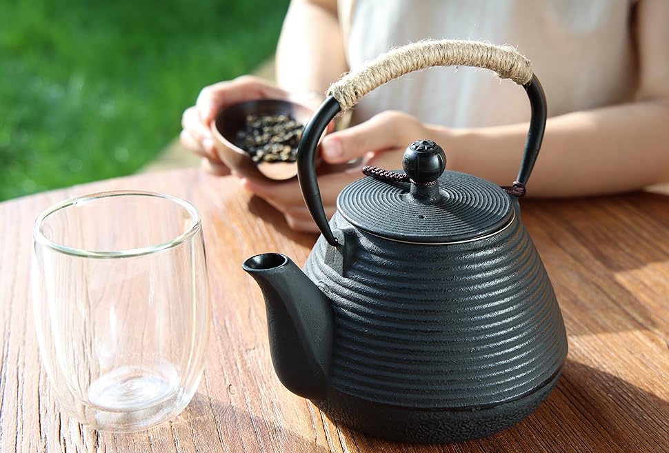 MILVBUSISS Cast Iron Teapot, 35oz Tea Kettle Set Stovetop Safe with Infuser for