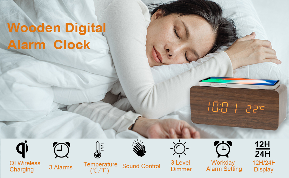 Togous Wooden Digital Alarm Clock with Wireless Charging, 3