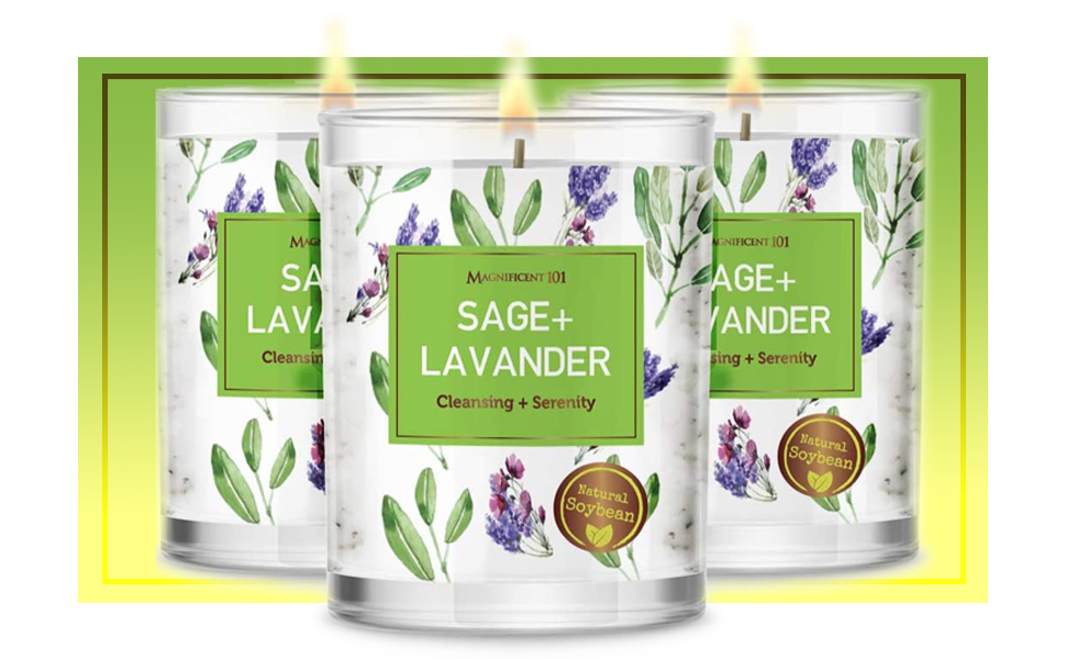  MAGNIFICENT 101 Pure Sage + Lavender Smudge Set of 3 Candles for House 
