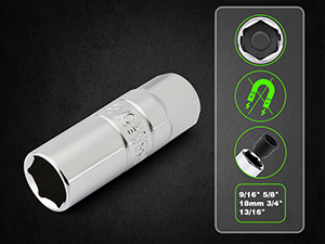 6pt non-magnetic spark plug socket: 9/16-inch, 5/8-Inch, 3/4-Inch, 13/16-Inch, 18mm