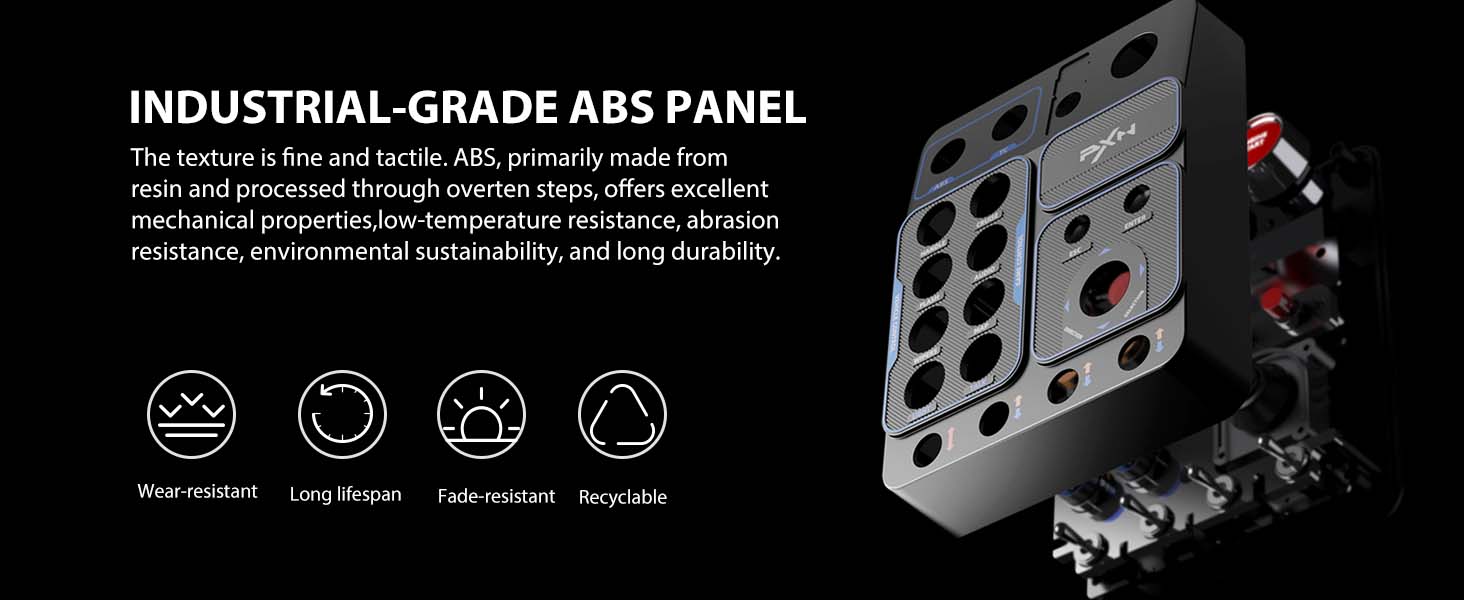Industrial-grade ABS panel with hexagonal cutouts. Features include water resistance, long lifespan, fade resistance, and heat tolerance. Panel shown alongside mechanical components.