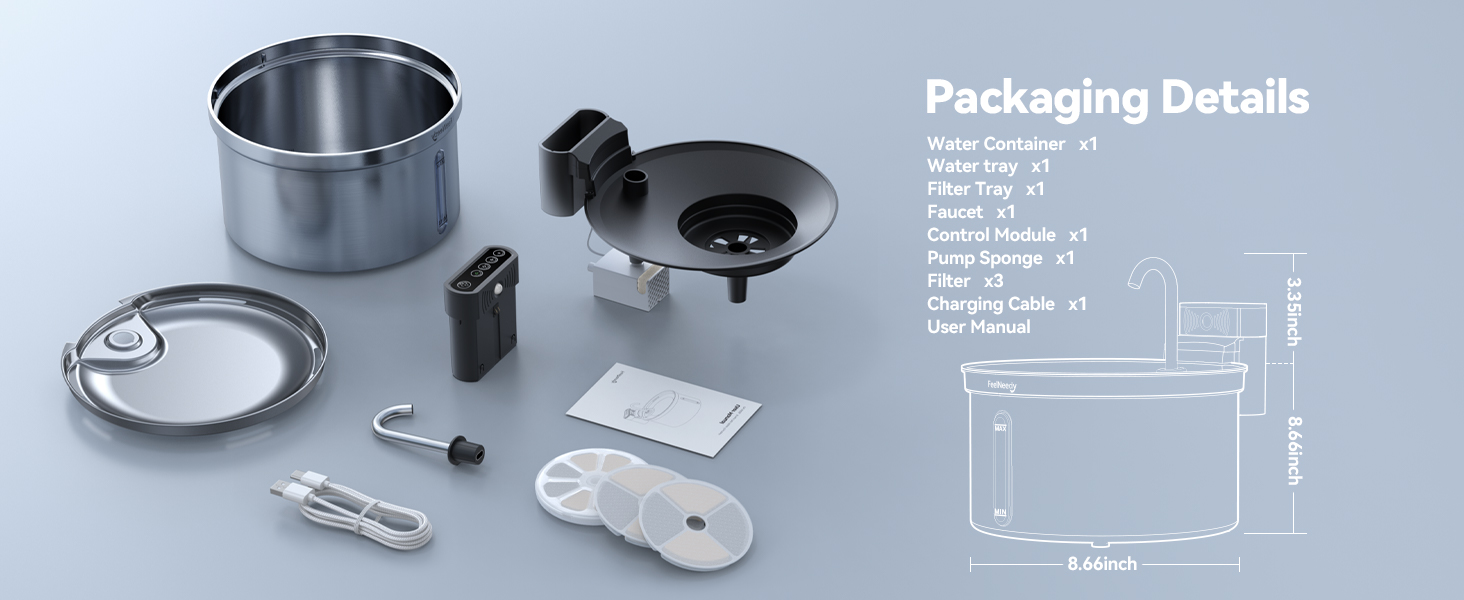 Exploded view of a cylindrical stainless steel container with lid, mounting hardware, and technical packaging specifications diagram shown on right side.