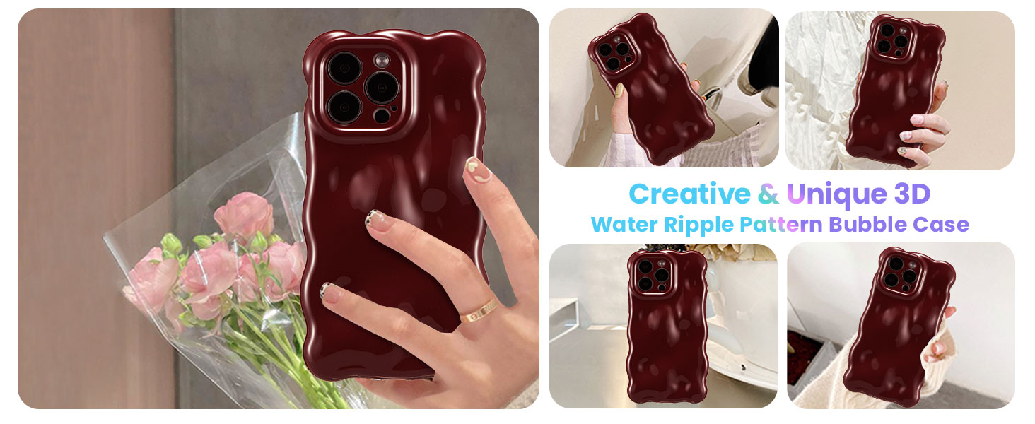 UEEBAI Case for iPhone 15 Pro Max 6.7 inch, Christmas Burgundy Cute Curly Wave Shape Shockproof Soft TPU Bumper Phone Case, Candy Water Ripple 3D Silicone Slim Pretty Case Non-yellowing Cover-Wine Red 16 Show your Vibe