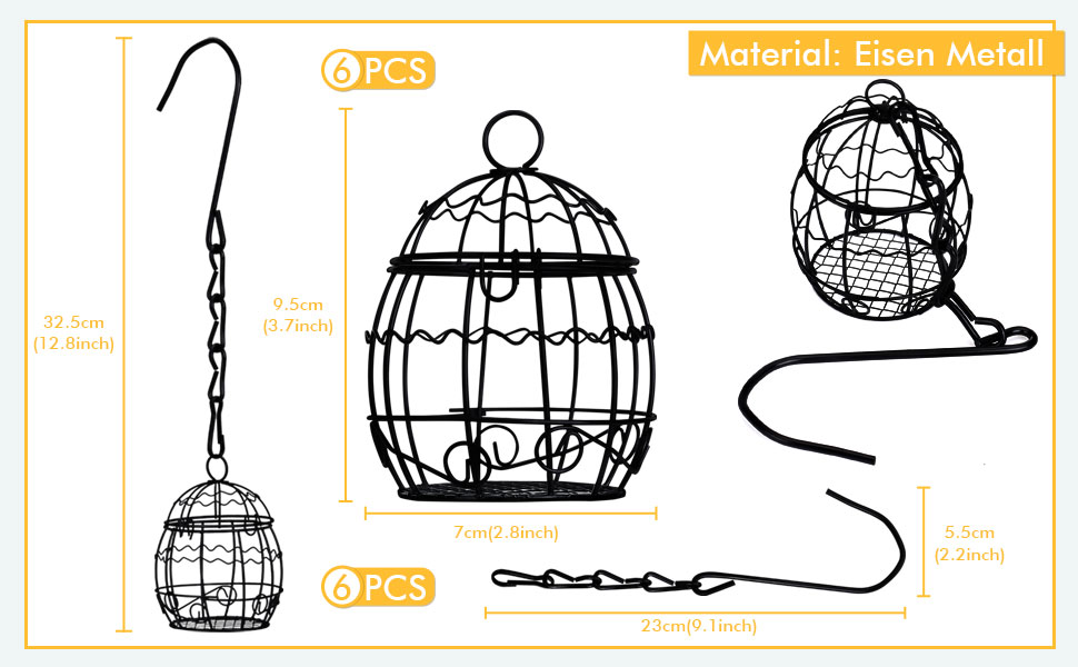 Dekoratives Vogelkäfig-Set aus Eisen, 6-teilig. Enthält hängende Käfige mit komplizierten Drahtdesigns, Haken und Ketten. Abmessungen und Material (Eisenmetall) werden in deutscher Sprache zur Verfügung gestellt