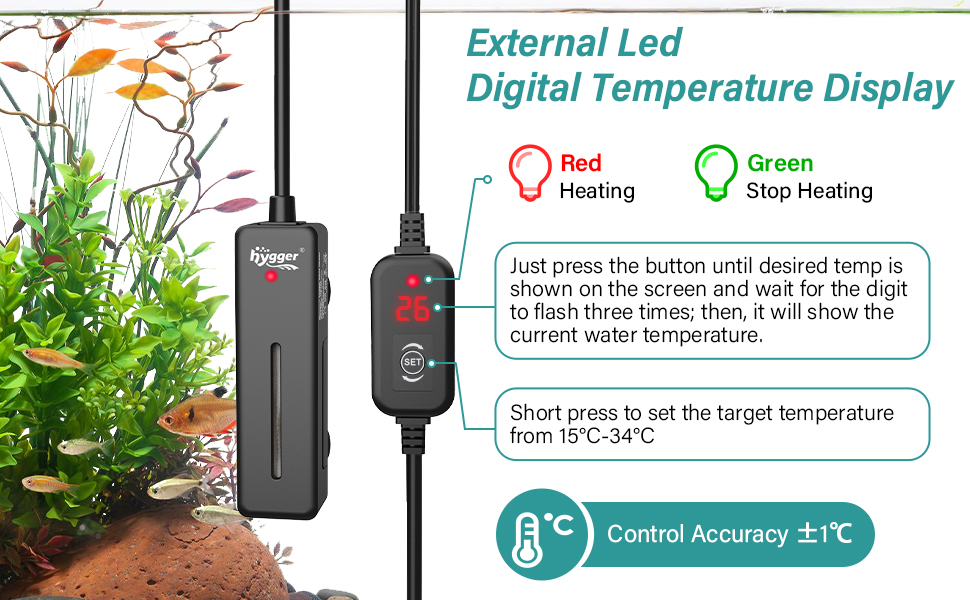Digitaler Temperaturregler für Aquarien. Verfügt über LED-Anzeige, Heiz- und Kühlanzeigen sowie Tasten zur Temperatureinstellung. Beinhaltet eine Regelgenauigkeit von ±1°C.