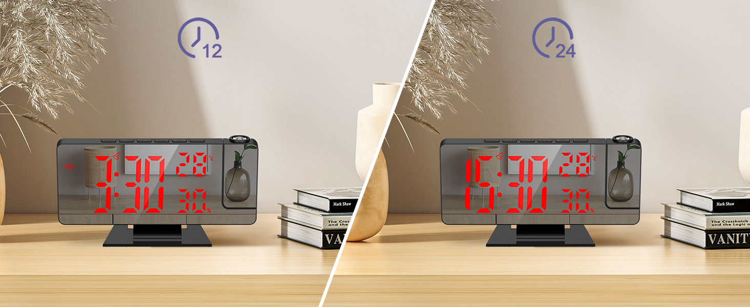 JXTZ Projection Alarm Clock, Alarm Clock Projection on Ceiling Wall, 7.8" LED Mirror