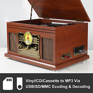 Wooden record player with CD, cassette, and MP3 capabilities. Features vintage-style dial, speakers, and USB/SD card slots for modern functionality.