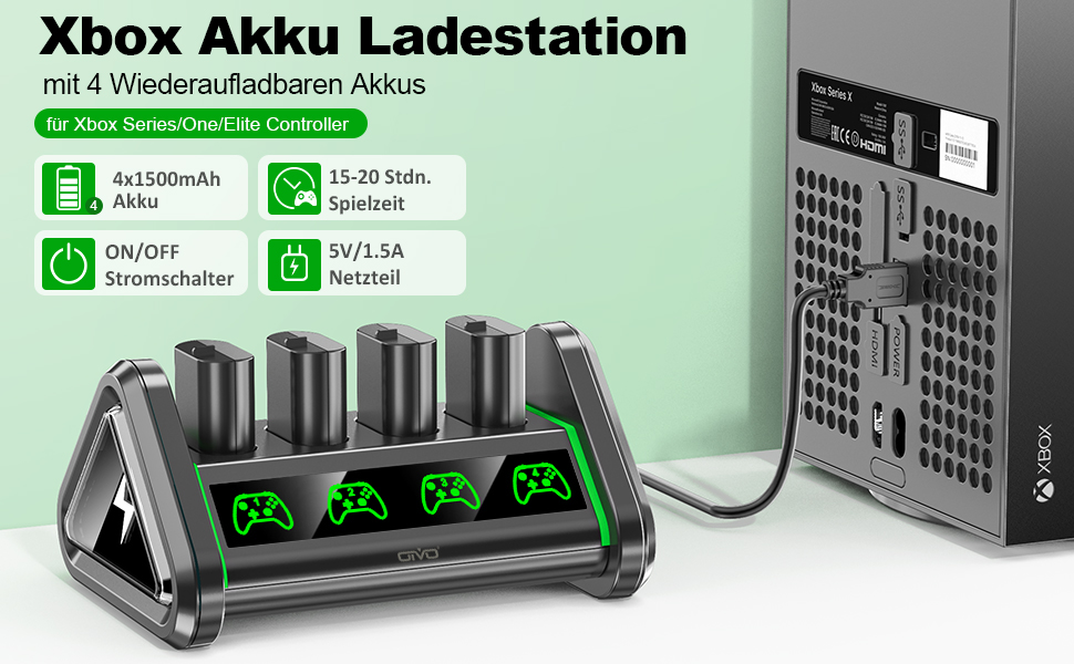 Xbox Akku Ladestation mit 4 Wiederaufladbaren Akkus für Xbox Series/One/Elite Controller