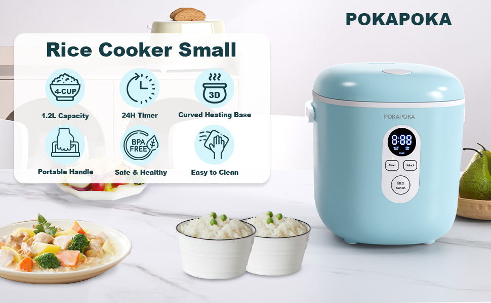 POKAPOKA Mini Rice Cooker 2 Cups Uncooked, Small Rice