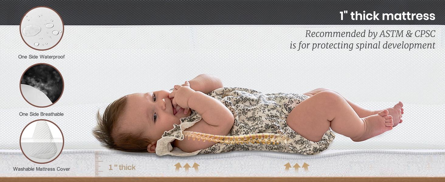 Waterproof and breathable mattress, supports spinal development, washable mattress cover.