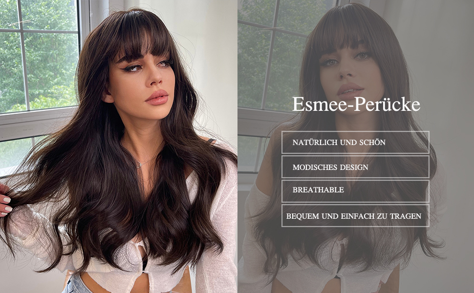 24 Zoll dunkelbraune Perücke mit Pony. Lange, lockige, natürliche, synthetische, hitzebeständige Perücke für Frauen._voghion.com