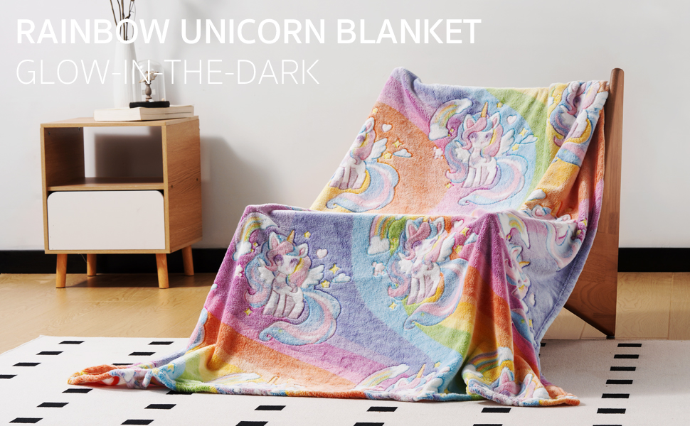 Glow in The Dark Rainbow Unicorn Flannel Throw Blanket