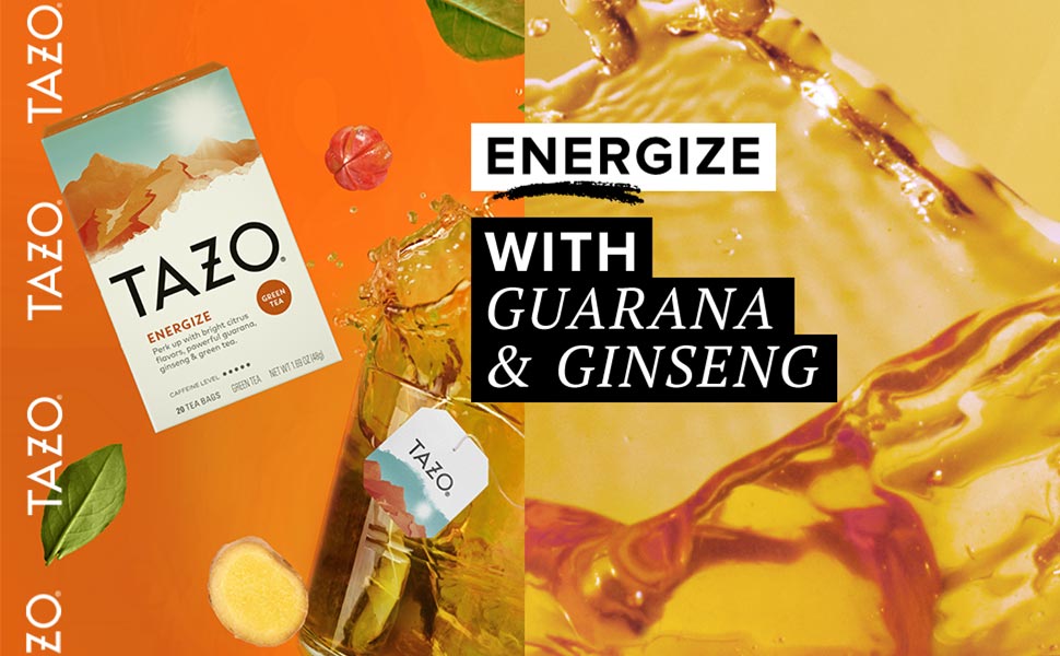 Tazo Energize Package with a cup of tea and text stating "Energize. With Guarana & ginseng."