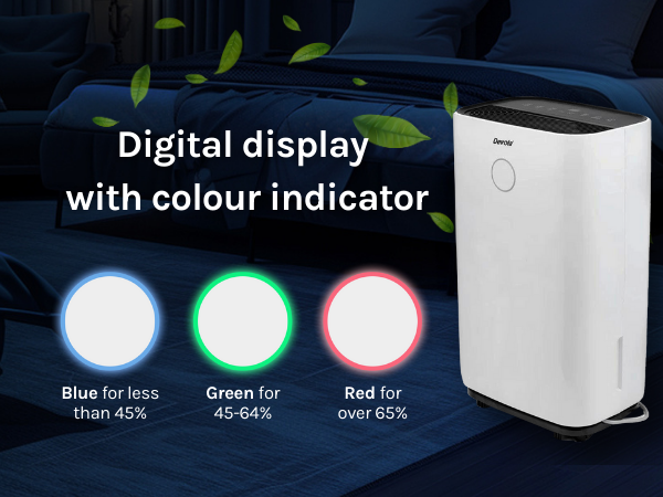 White air purifier with digital display showing color-coded air quality indicator. Blue, green, and red lights correspond to different air quality levels.